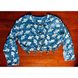 Vintage 90's Y2K Club Mystique Blue White Tie Dye Crop Shirt Fringe Coin Large